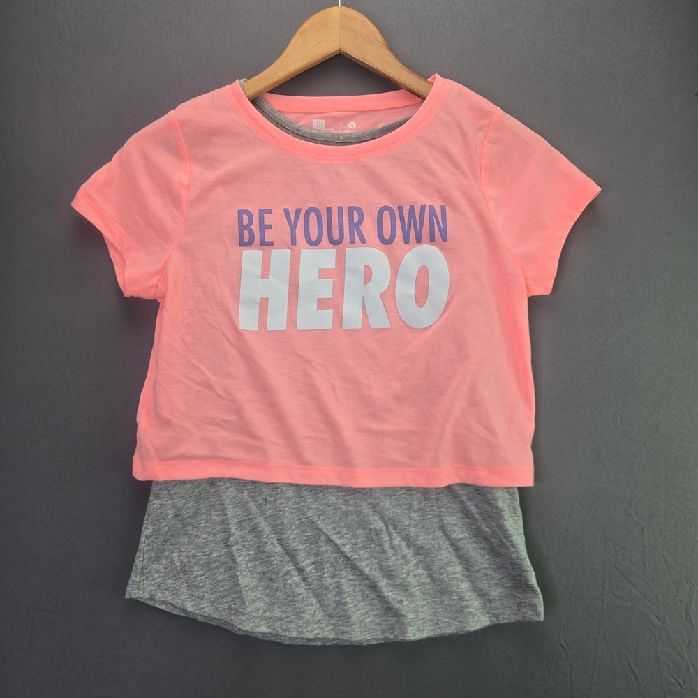 Xersion Girls T-Shirt Layered Graphic Tee XL 16 Pink Gray Hero Activewear Top